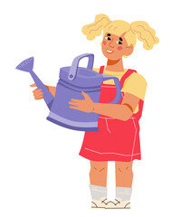 Child girl with watering can cartoon character. Child caring for plants, flat cartoon vector illustration isolated on white. Help with household chores concept.