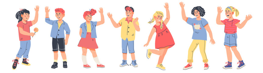 Happy children greeting each other. Cheerful smiling kids characters. Boys and girls standing in row, flat cartoon vector illustration isolated on white.