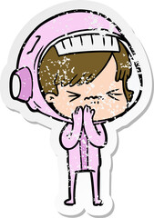 distressed sticker of a cartoon astronaut woman