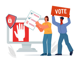 Voting online elections or public referendum. Online political voting or opinion poll banner or poster backdrop, flat vector illustration isolated on white background.