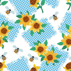 Seamless pattern background in rustic style with sunflowers. Seamless floral pattern or textile print design with sunflowers and patches of checked fabric, flat vector illustration.
