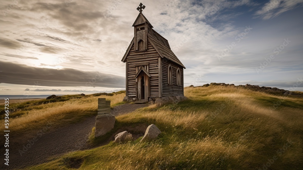 Canvas Prints illustration, stave church in iceland, ai generative