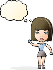 cartoon waving woman with thought bubble