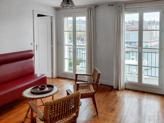 Vintage French Apartment from 50's, Red Couch in White Living Room

