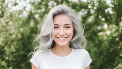 Naklejka na ściany i meble Portrait of young woman with grey hair, white t-shirt and green blurry background. Generative AI