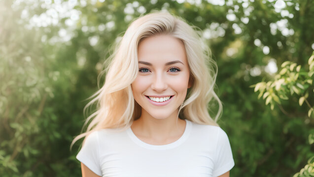 Portrait of young adult woman with blond hair, white t-shirt and green blurry background. Generative AI