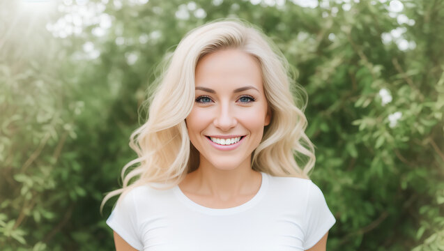 Portrait of beautiful happy young woman with blond hair, white t-shirt and green blurry background. Generative AI