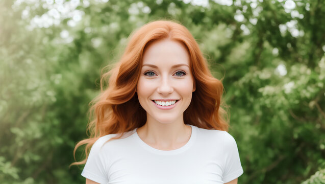 Portrait of young adult woman with red hair, white t-shirt and green blurry background. Generative AI