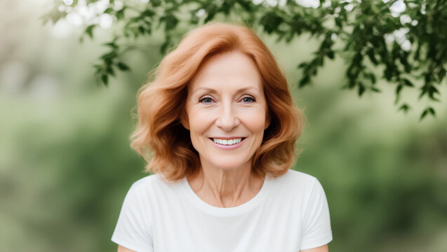 Portrait of mature adult woman with red hair, white t-shirt and green blurry background. Generative AI