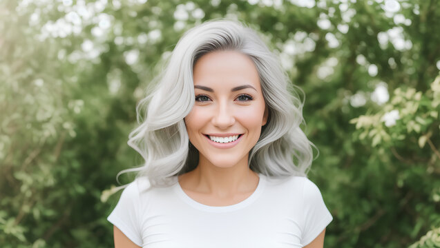 Portrait of young adult woman with white hair, white t-shirt and green blurry background. Generative AI
