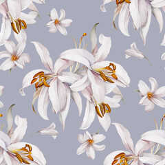 Bouquet of lilies on a light blue background.  Seamless watercolor pattern