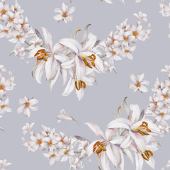 Bouquet of lilies and hyacinths. Seamless pattern with delicate flowers