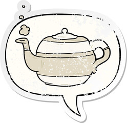 cartoon tea pot and speech bubble distressed sticker
