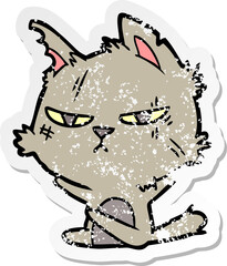 distressed sticker of a tough cartoon cat