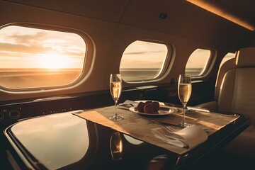 Fototapeta premium Private Jet, Luxury Table with Champagne and glasses, Sunset from the Window