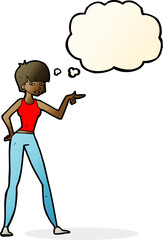 cartoon woman pointing with thought bubble