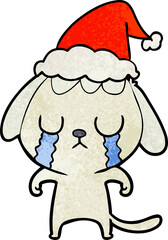 cute textured cartoon of a dog crying wearing santa hat