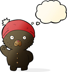 cartoon waving black teddy bear in winter hat with thought bubble