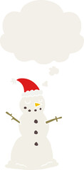 cartoon christmas snowman and thought bubble in retro style