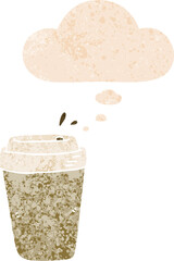 cartoon coffee cup and thought bubble in retro textured style