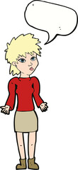 cartoon woman shrugging shoulders with speech bubble