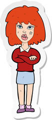sticker of a cartoon tough woman with folded arms