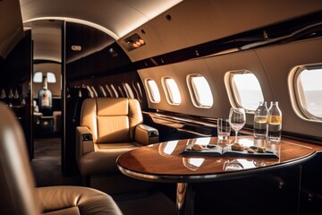 Private Jet, Luxury Table with Champagne and glasses, Sunset from the Window