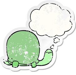 cute cartoon tortoise and thought bubble as a distressed worn sticker
