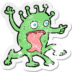 retro distressed sticker of a cartoon weird little alien