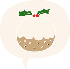 cartoon christmas pudding and speech bubble in retro style