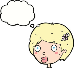 cartoon surprised female face with thought bubble