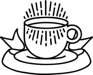 black linework tattoo with banner of cup of coffee