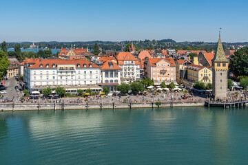 Fototapeta premium Aerial view of Lindau form the lighthouse. Lindau is a popular tourist destination on Bodensee (Lake Constance), Bavaria, Germany