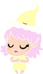 happy flat color illustration of a elf girl wearing santa hat
