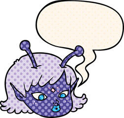 cartoon alien space girl face and speech bubble in comic book style