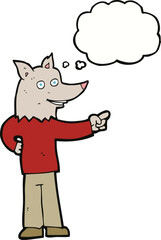 cartoon wolf man pointing with thought bubble