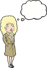 cartoon woman in trench coat with thought bubble