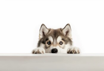 Adorable Alaskan Malamute Puppy Peeking Out from Behind White Table with Copy Space, Isolated on White Background. Generative AI.