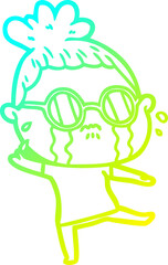 cold gradient line drawing cartoon crying woman wearing spectacles