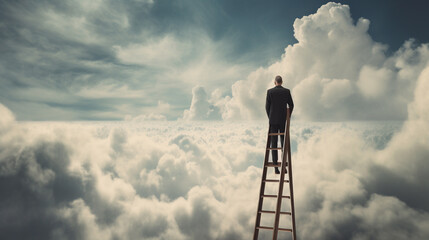 Businessman standing on a ladder and looking at the sky with clouds. Art contemporary collage - obrazy, fototapety, plakaty