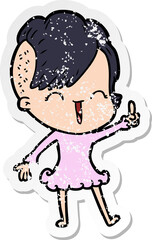 distressed sticker of a cartoon happy hipster girl