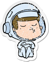 distressed sticker of a cartoon confident astronaut