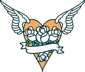 tattoo style icon of a flying heart with flowers and banner