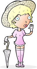 cartoon woman in summer hat waving