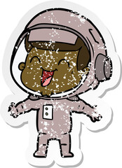 distressed sticker of a happy cartoon astronaut