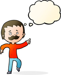 cartoon man with mustache pointing with thought bubble