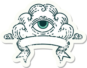 grunge sticker with banner of an all seeing eye cloud