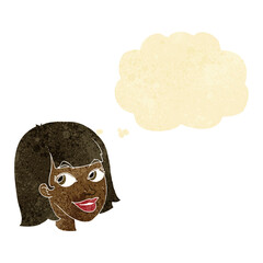 cartoon happy female face with thought bubble
