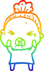 rainbow gradient line drawing cartoon angry old woman