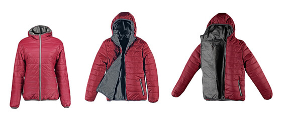 Red warm quilted jacket with open zipper. Three types. Bomber jacket on a white background....